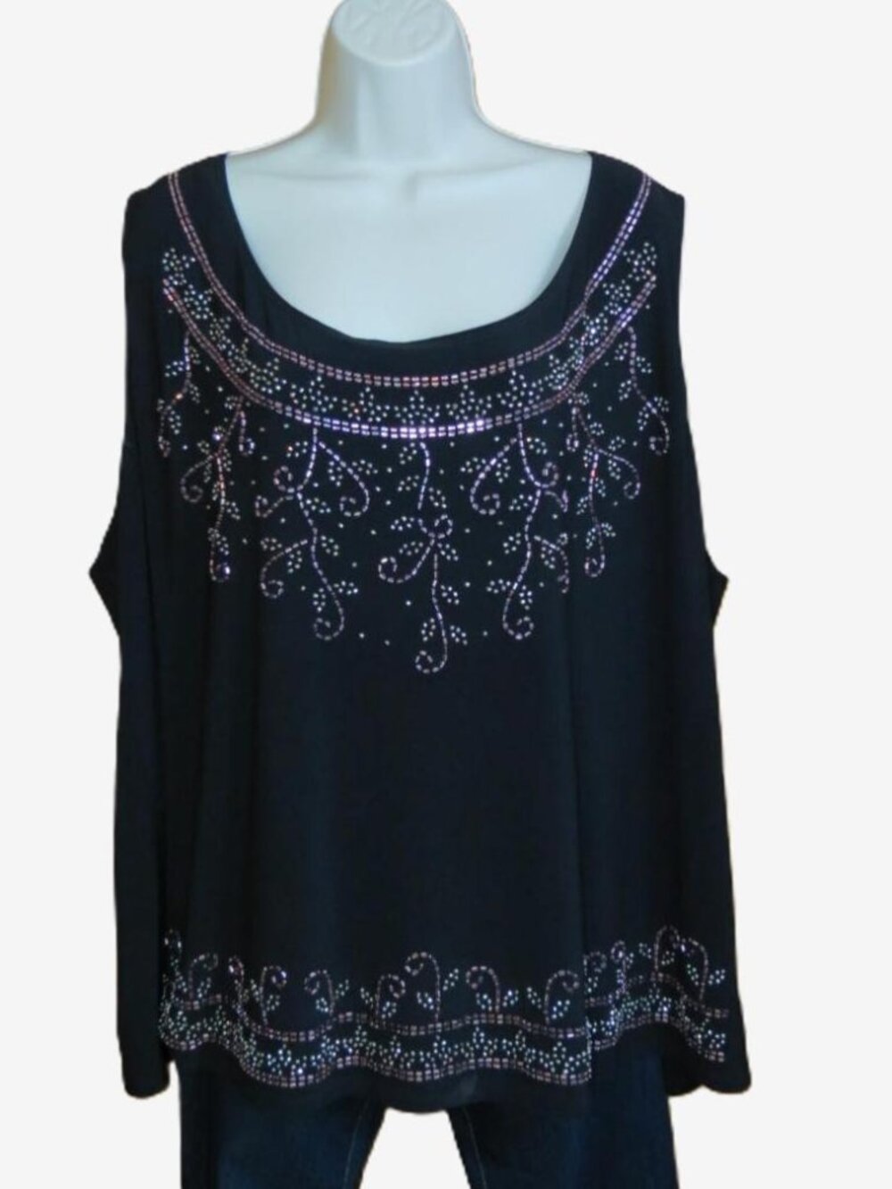 Onyx Nite Black Beaded Silver & Rose Sleeveless Knit Top Size 3X